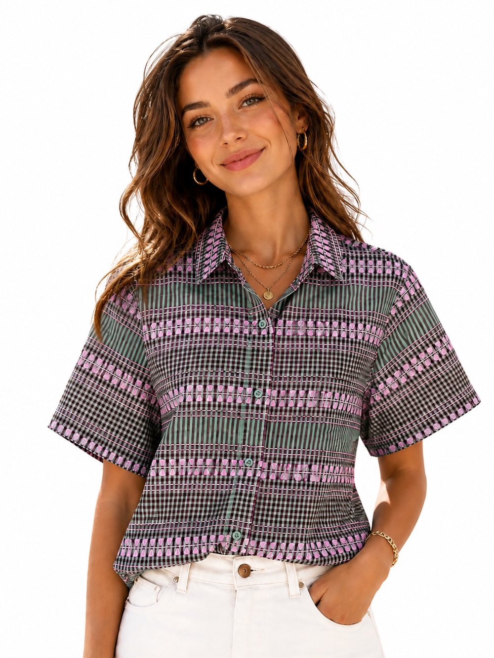 NWT Wildfang Green Pink Essential Geometric Plaid Patchwork Print Button Up Sz S